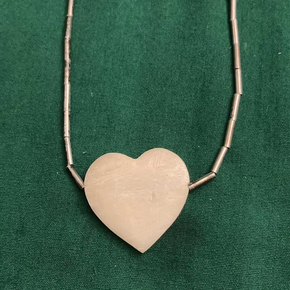 Vintage 14” liquid silver necklace with 3/4” white Heart
